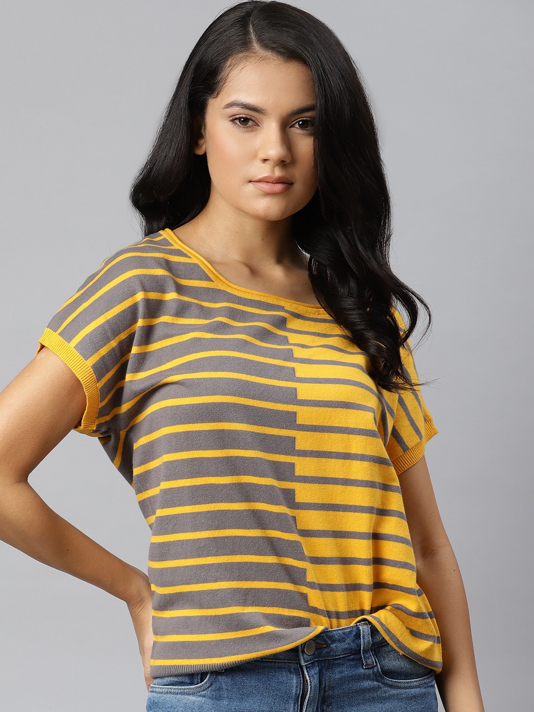 

The Roadster Lifestyle Co Yellow & Grey Striped Extended Sleeves Regular Top