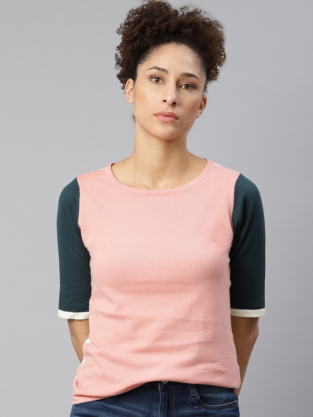 

The Roadster Lifestyle Co Pink Solid Top With Colourblock Sleeves