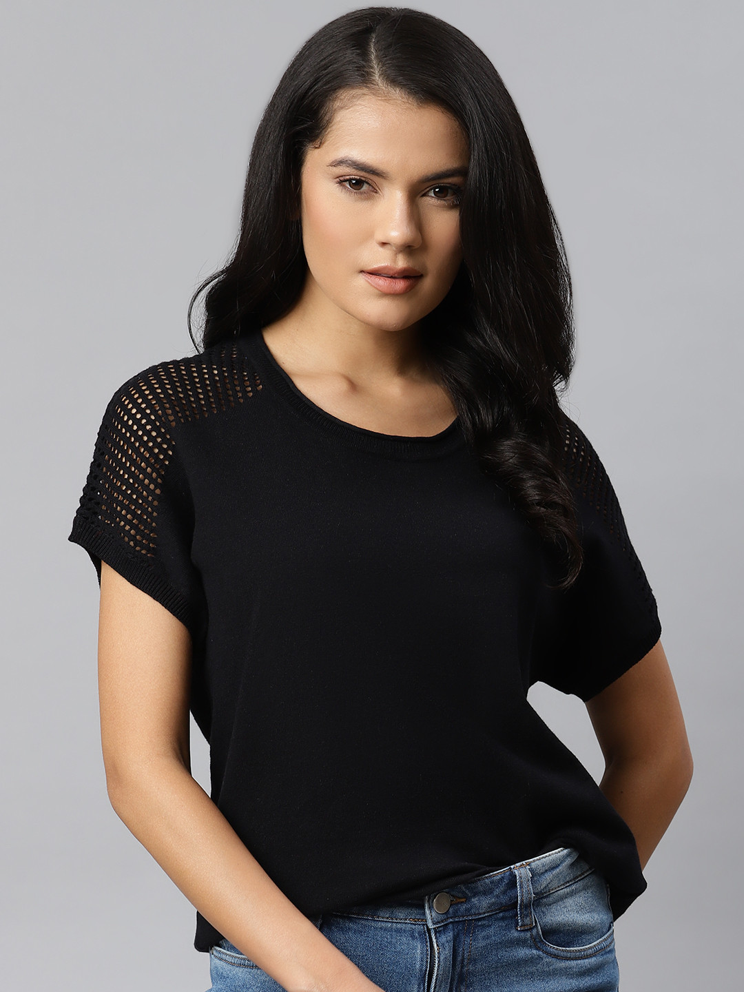 

The Roadster Lifestyle Co Women Black Open Knit Detail Extended Sleeves Regular Top