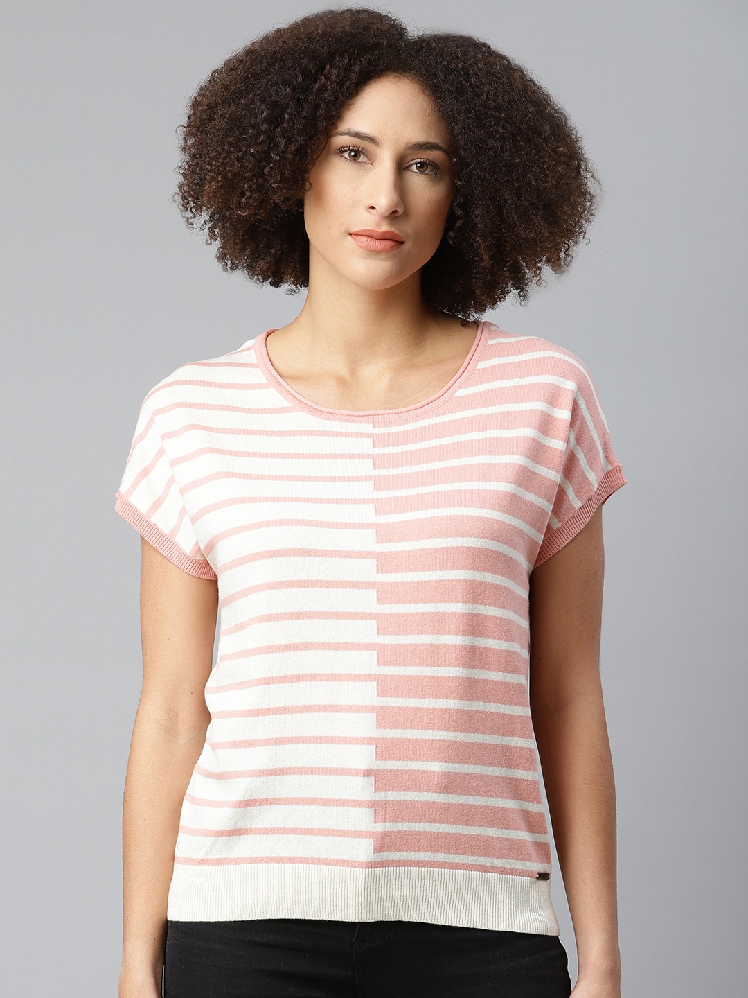 

The Roadster Lifestyle Co Women Pink & White Striped Extended Sleeves Boxy T-shirt