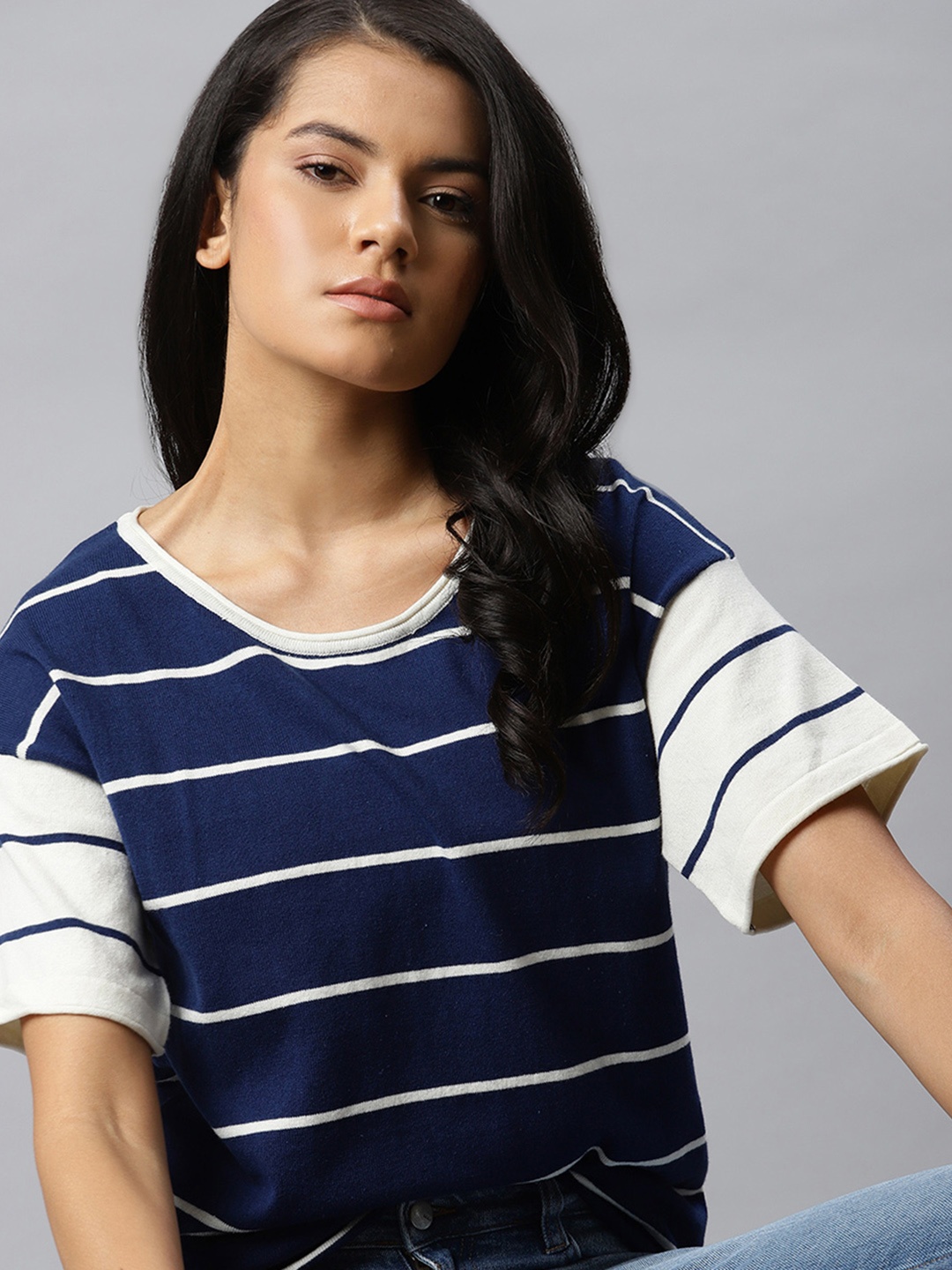 

The Roadster Lifestyle Co Women Navy & Off-White Striped Round Neck T-Shirt, Navy blue