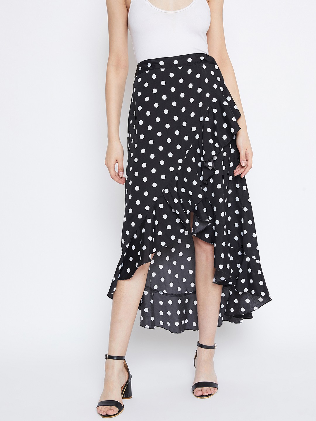 

Berrylush Black & White Polka Print Wrap Midi Skirt