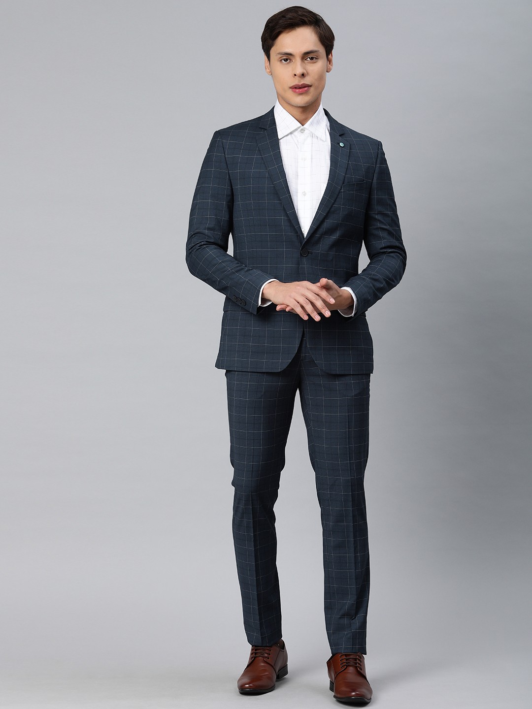 

Arrow New York Men Navy Blue and Grey Checked Single-Breasted Formal Suit