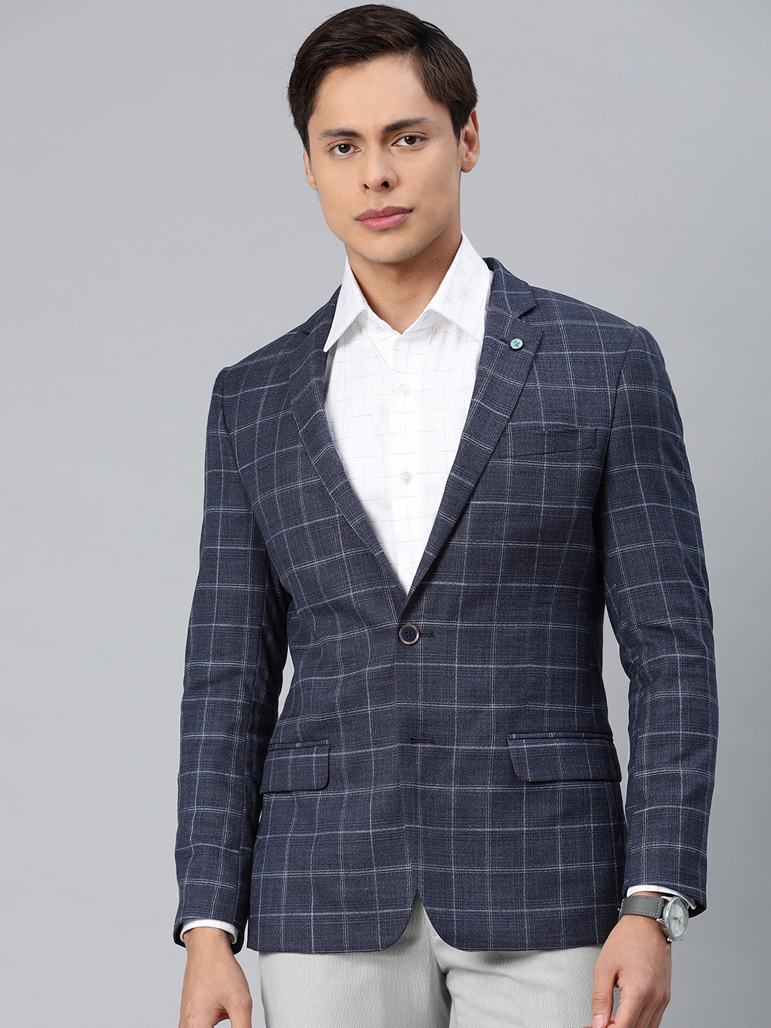 

Arrow New York Men Navy Blue Checked Zero Calorie Fit Single Breasted Smart Casual Blazer