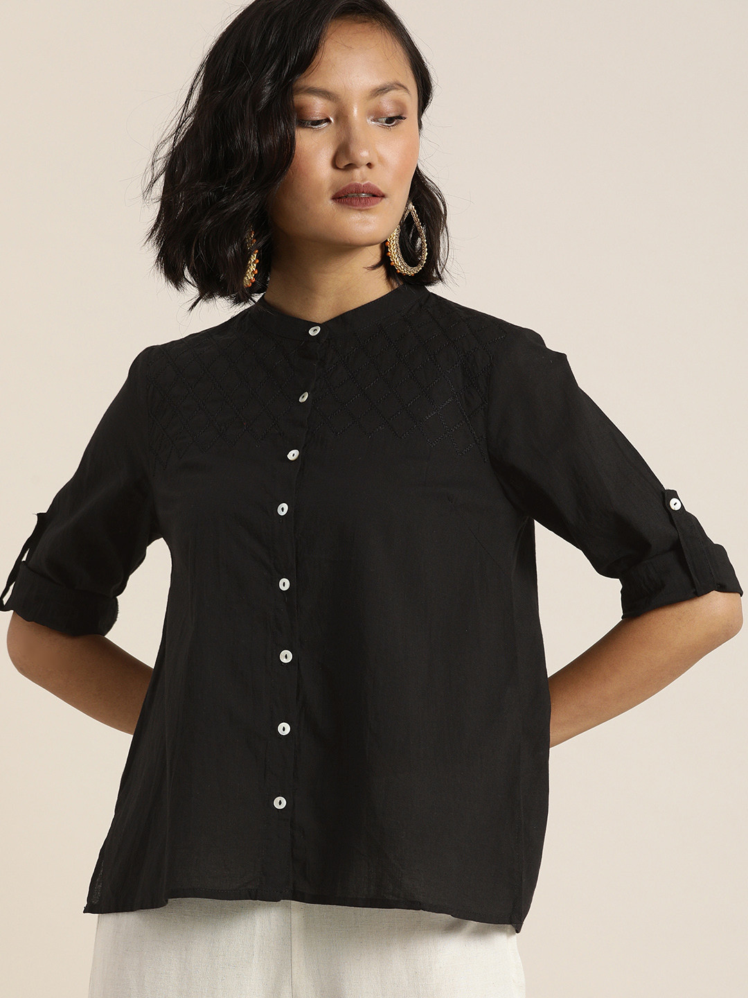 

Taavi Black Chikankari Mandarin Collar Roll-Up Sleeves Pure Cotton Shirt Style Top