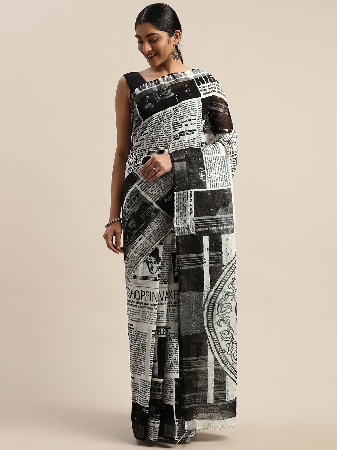 

Mitera Black & White Pure Cotton News Paper Printed Khadi Saree