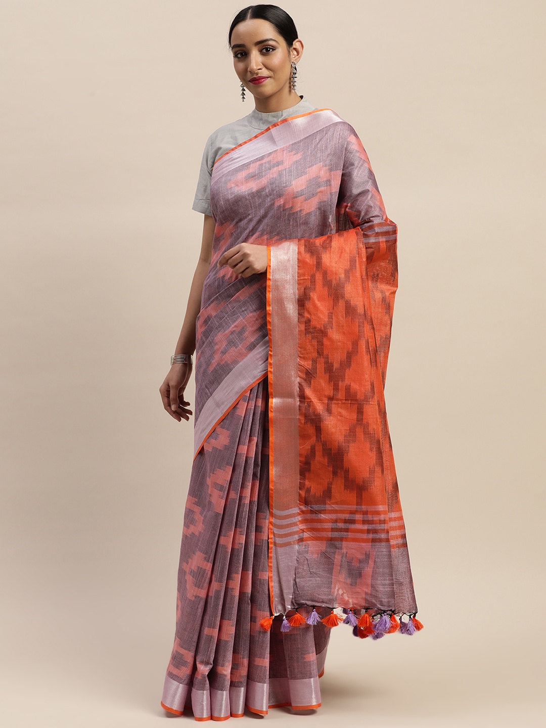 

Mitera Purple & Orange Pure Cotton Printed Ikat Saree