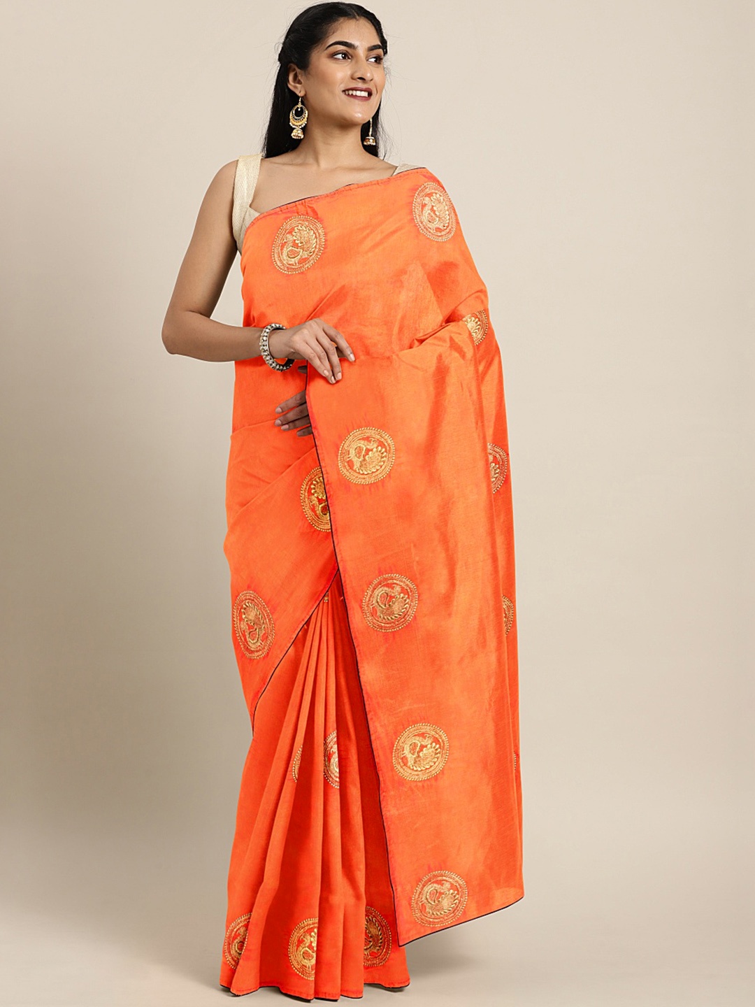 

KALINI Orange Ethnic Motifs Embroidered Silk Blend Saree