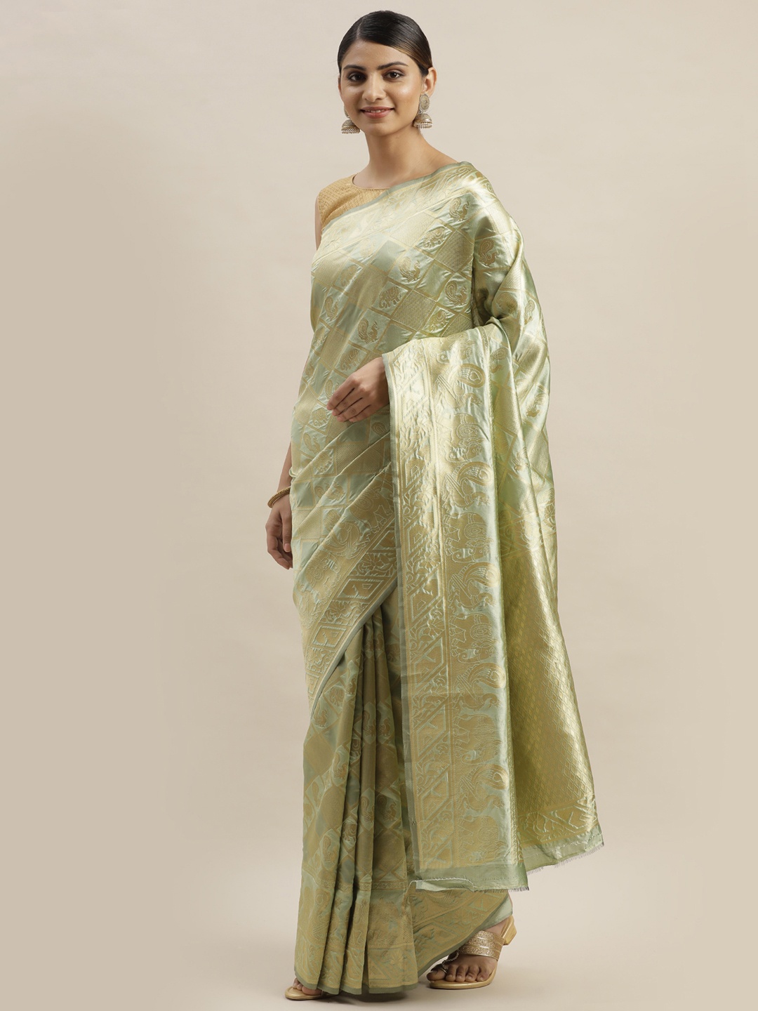 

KALINI Olive Green & Gold-Coloured Silk Cotton Woven Design Banarasi Saree