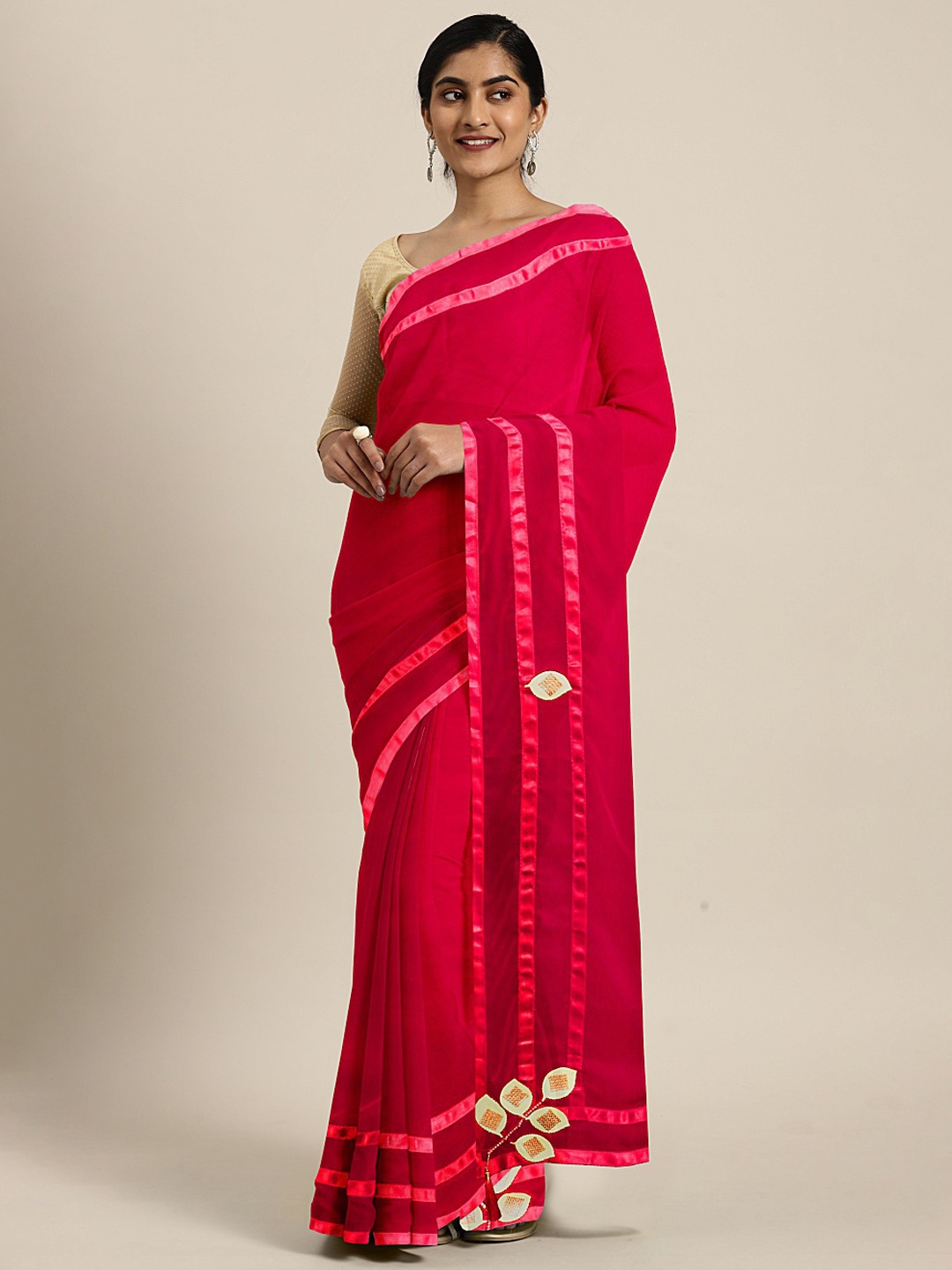 

Mitera Red & Gold-Toned Pure Georgette Solid Saree