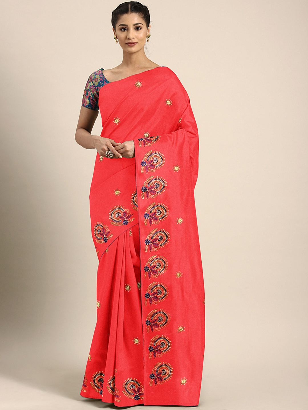 

KALINI Red Floral Embroidered Silk Blend Saree