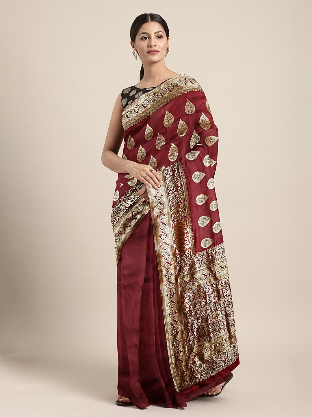

KALINI Maroon & Gold-Toned Silk Cotton Woven Design Saree