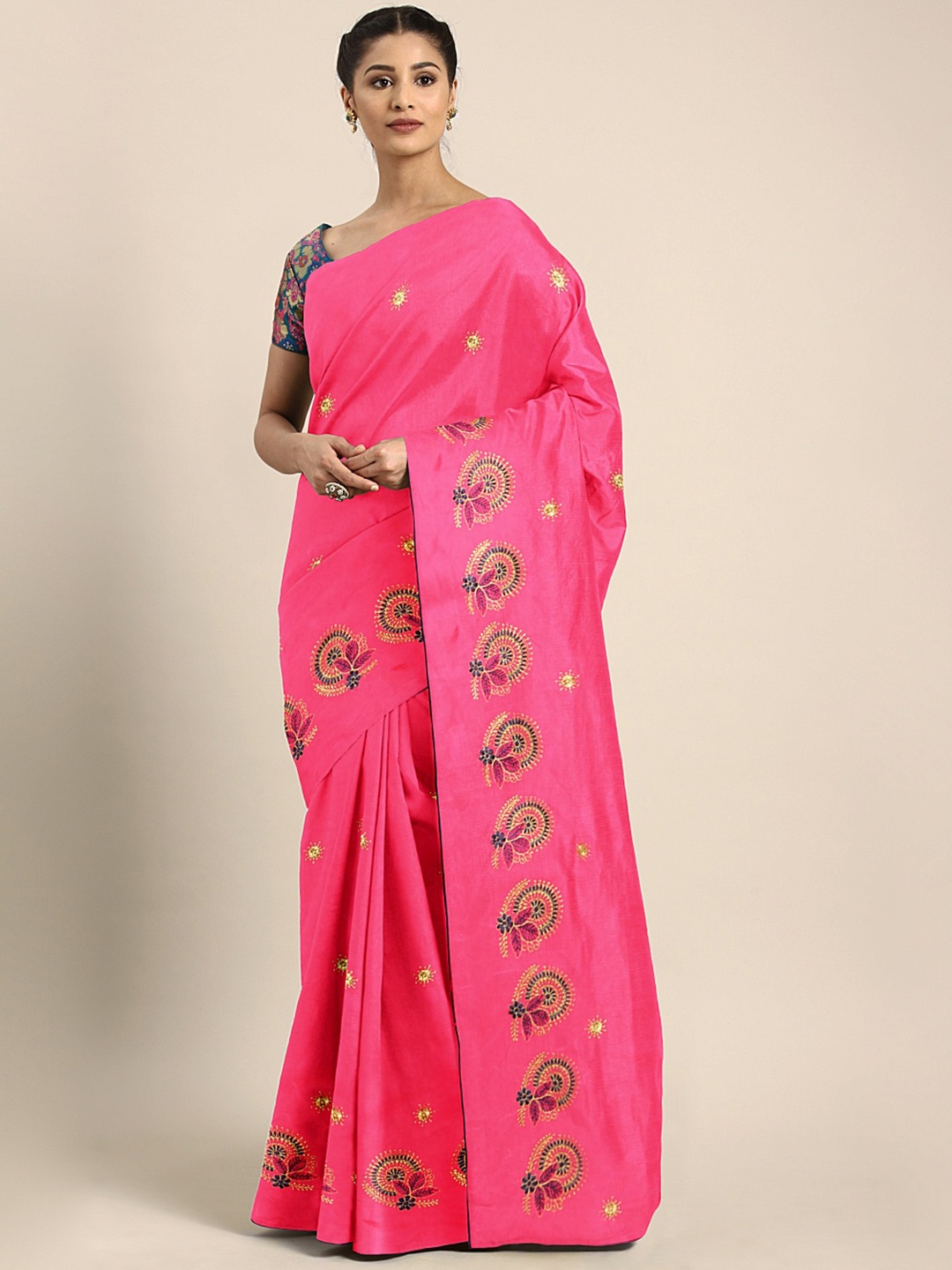

KALINI Pink Floral Embroidered Silk Blend Saree
