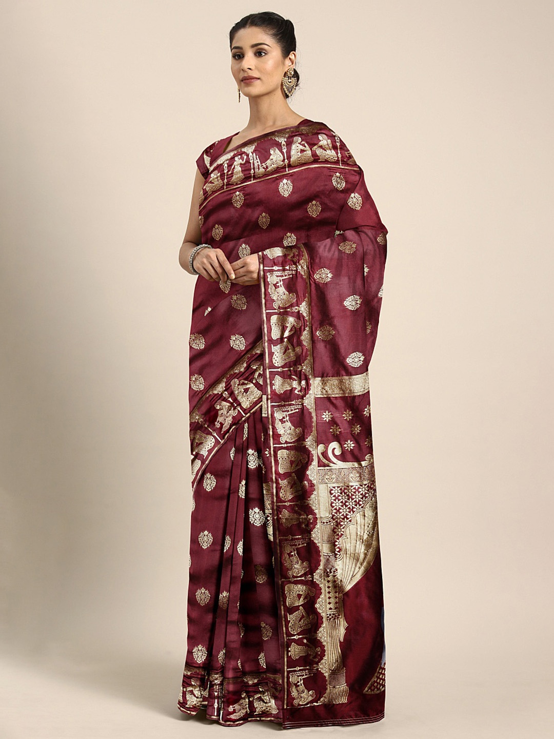 

Mitera Burgundy & Golden Printed Banarasi Saree