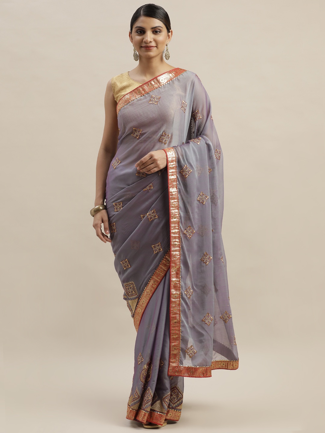 

Mitera Purple Embroidered Pure Chiffon Saree