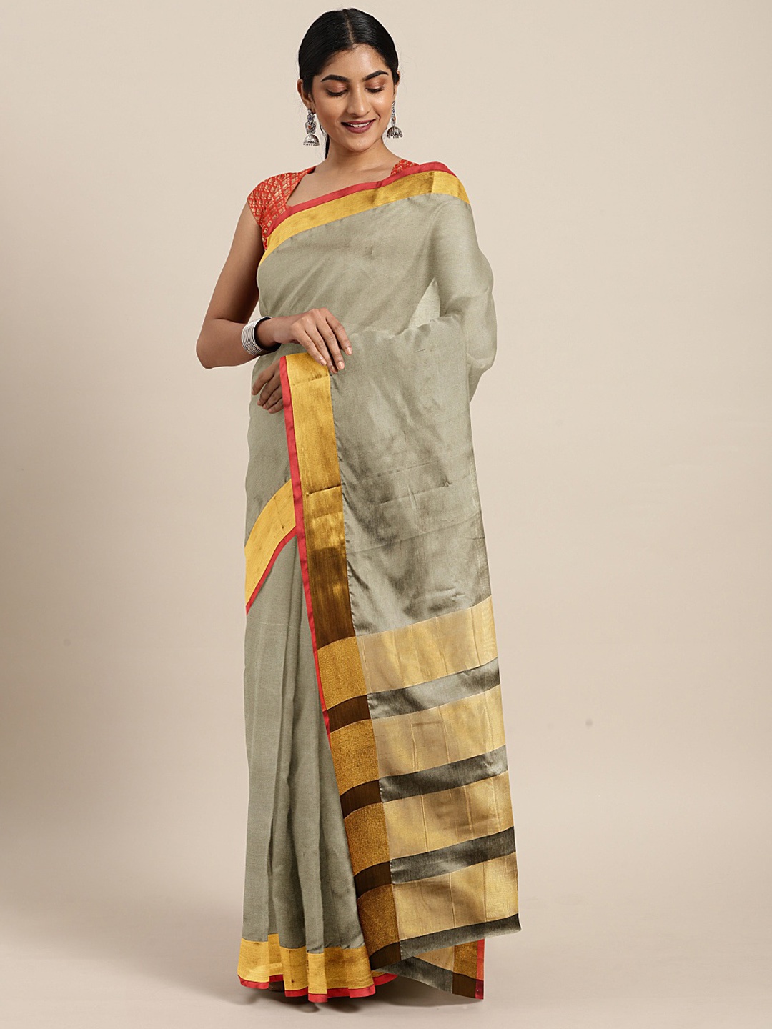 

KALINI Beige & Gold-Toned Silk Cotton Solid Saree