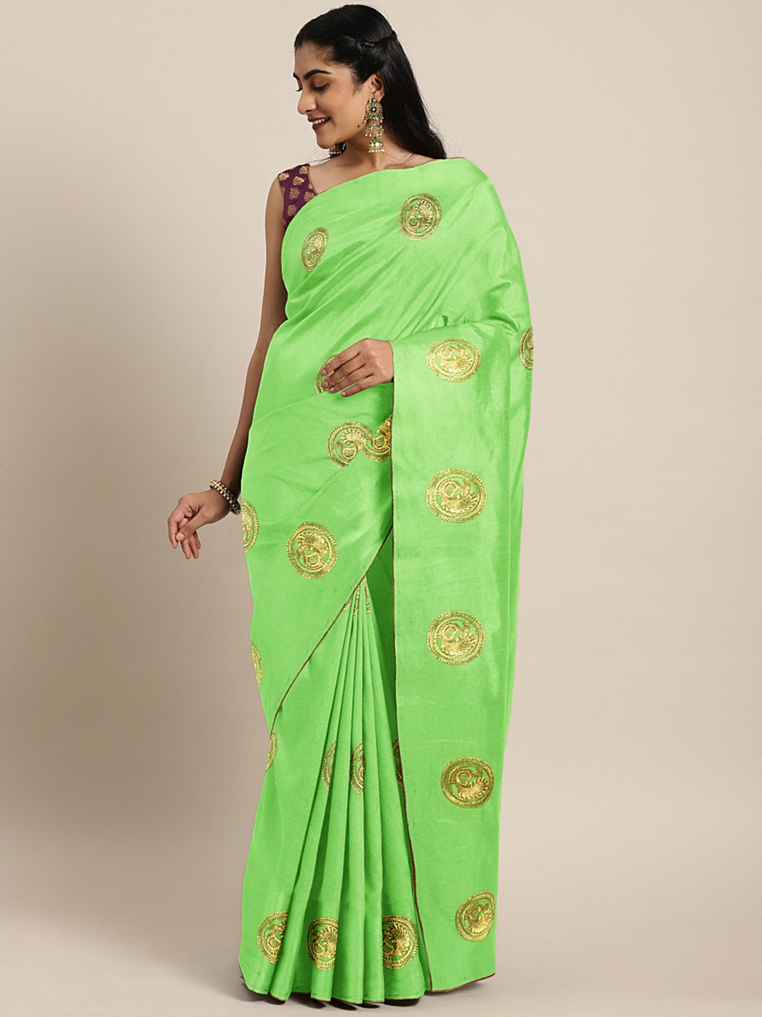 

KALINI Fluorescent Green Ethnic Motifs Embroidered Silk Blend Saree