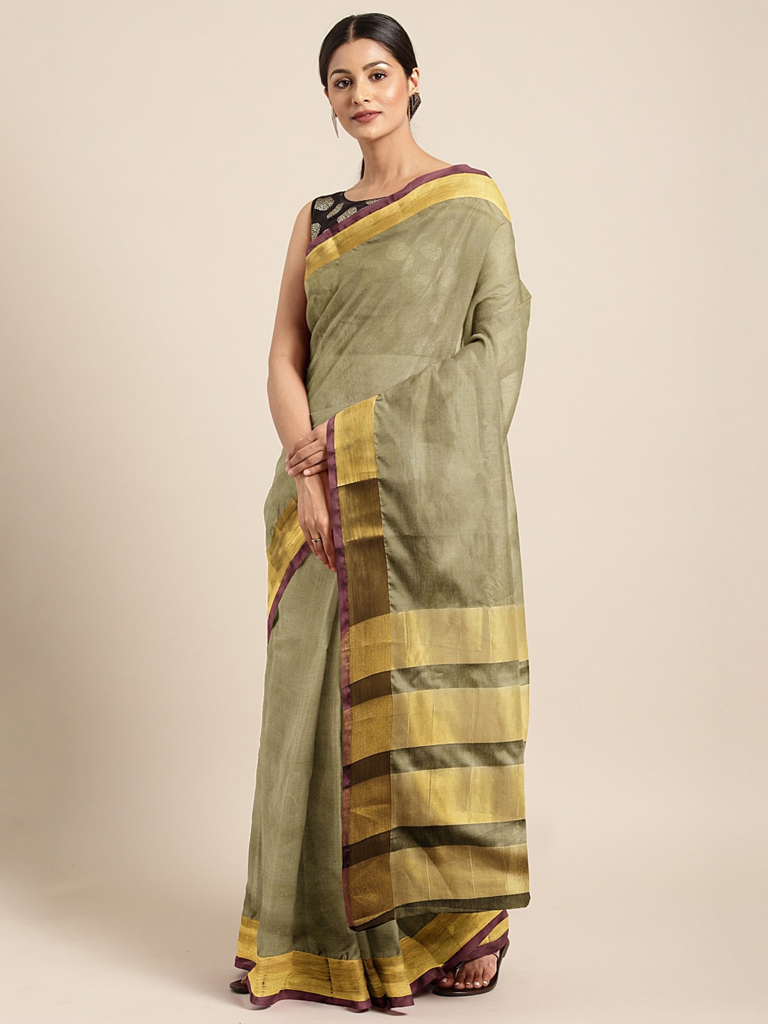 

KALINI Beige & Gold-Toned Silk Cotton Solid Saree