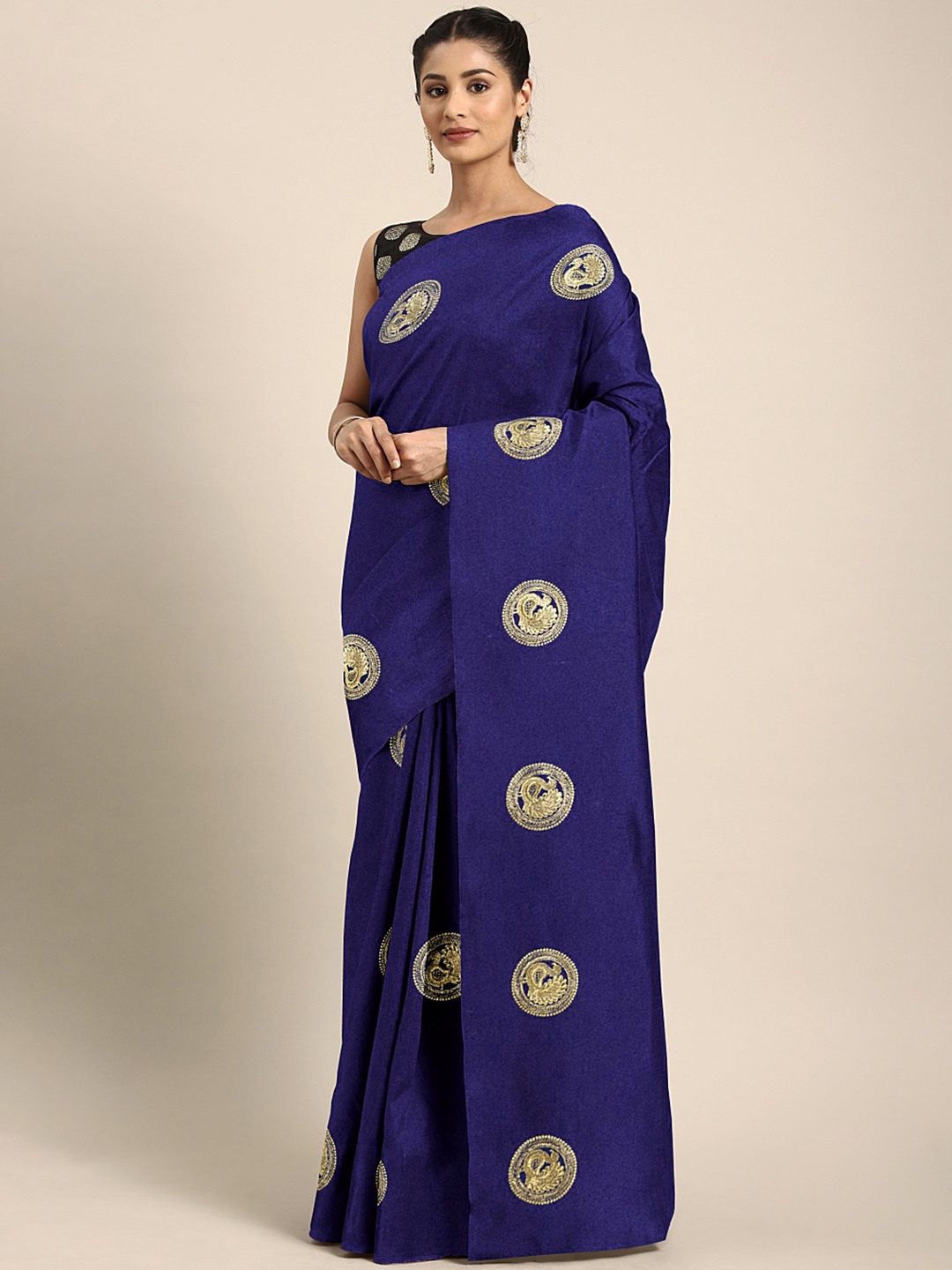 

KALINI Navy Blue Ethnic Motifs Embroidered Silk Blend Saree