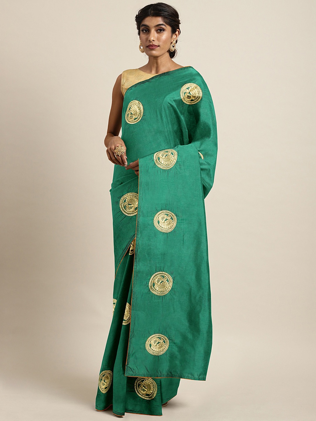 

KALINI Green Ethnic Motifs Embroidered Silk Blend Saree