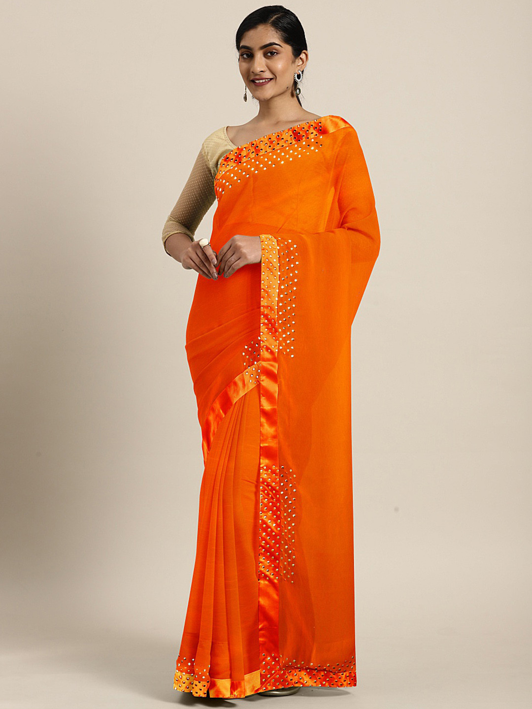 

KALINI Orange & Gold-Toned Pure Georgette Solid Saree