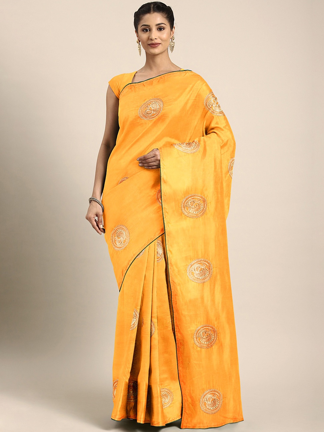 

KALINI Yellow Ethnic Motifs Embroidered Silk Blend Saree