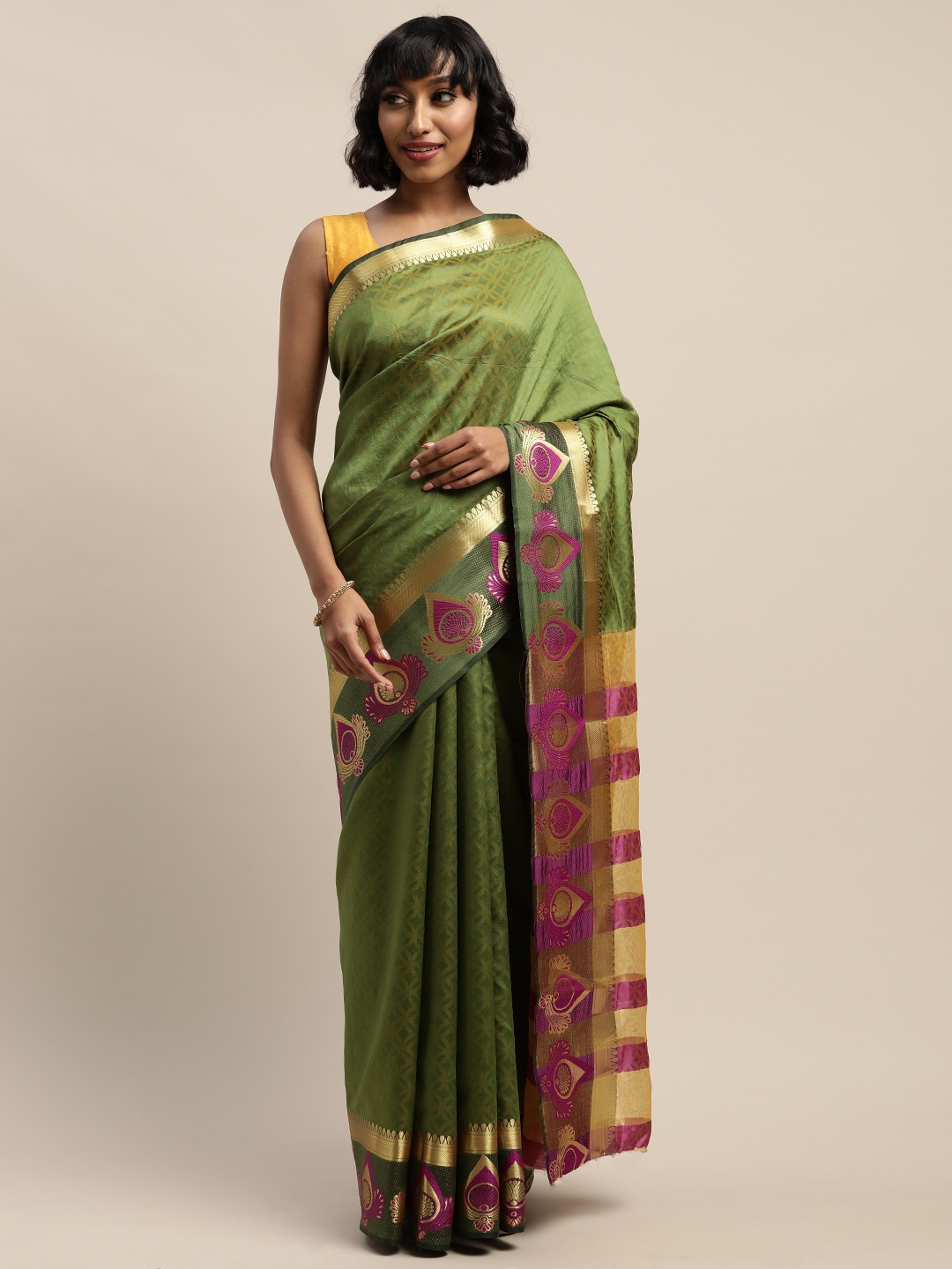 

KALINI Olive Green & Golden Woven Design Saree
