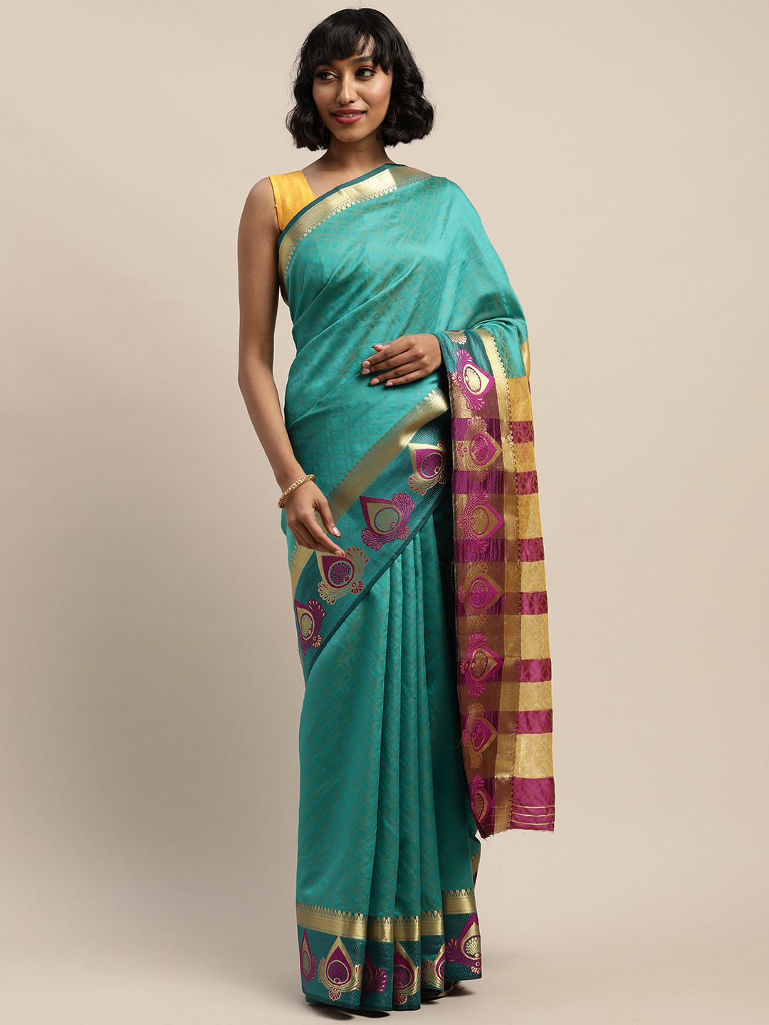 

KALINI Turquoise Blue & Golden Woven Design Saree