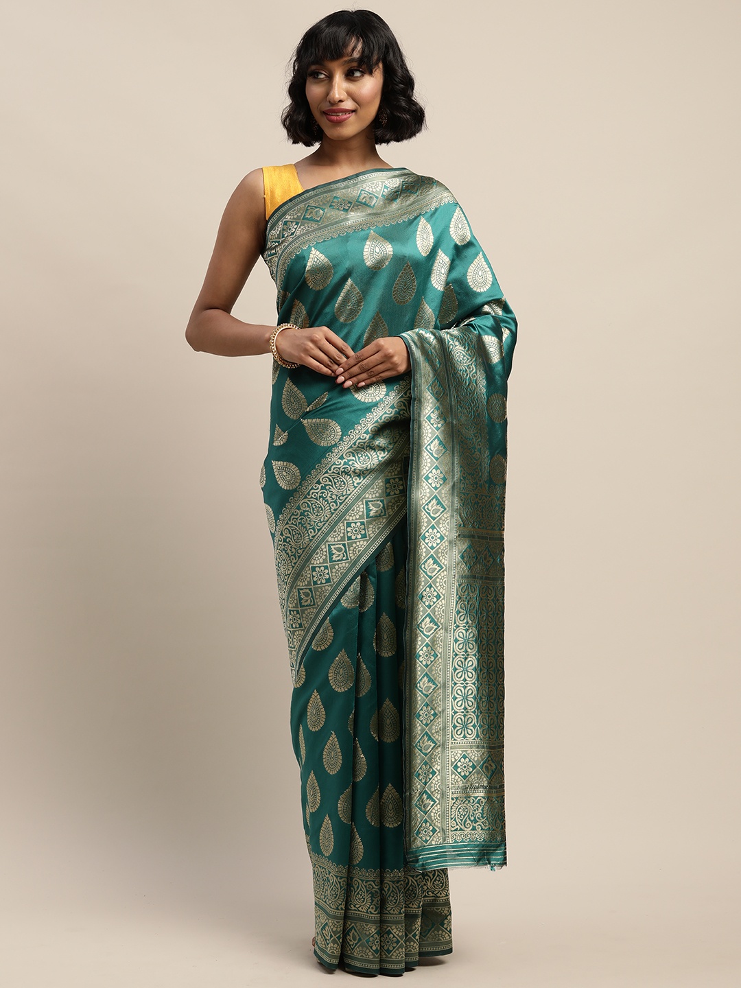

Mitera Teal Green & Golden Woven Design Saree