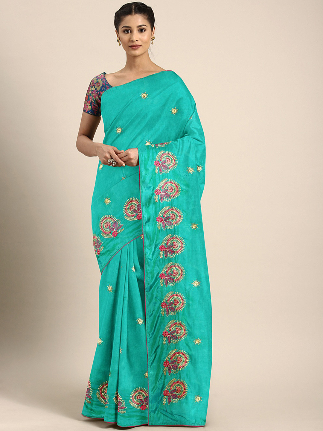 

KALINI Turquoise Blue Floral Embroidered Silk Blend Saree