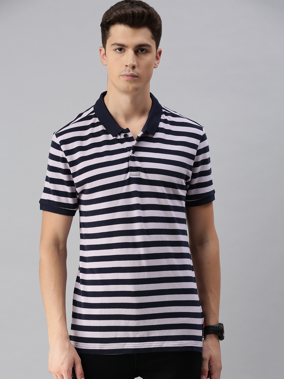 

Levis Men Navy Blue White Striped Polo Collar Pure Cotton T-shirt