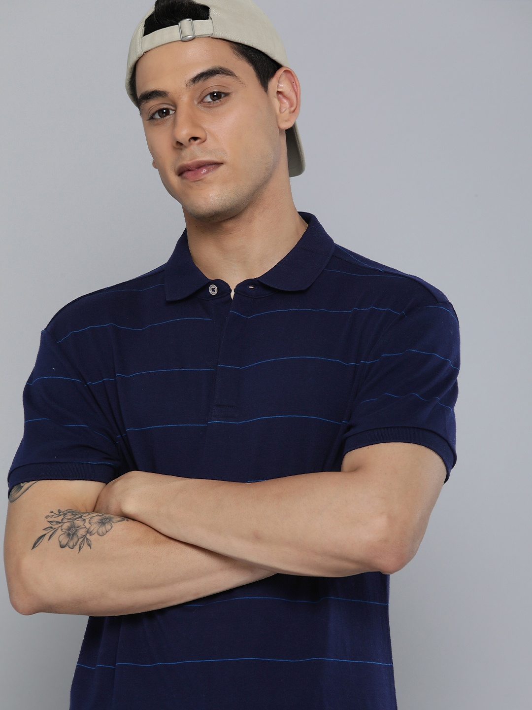 

Levis Men Navy Blue Pin Stripes Polo Collar Indigo Mercerised Cotton Slim Fit T-shirt