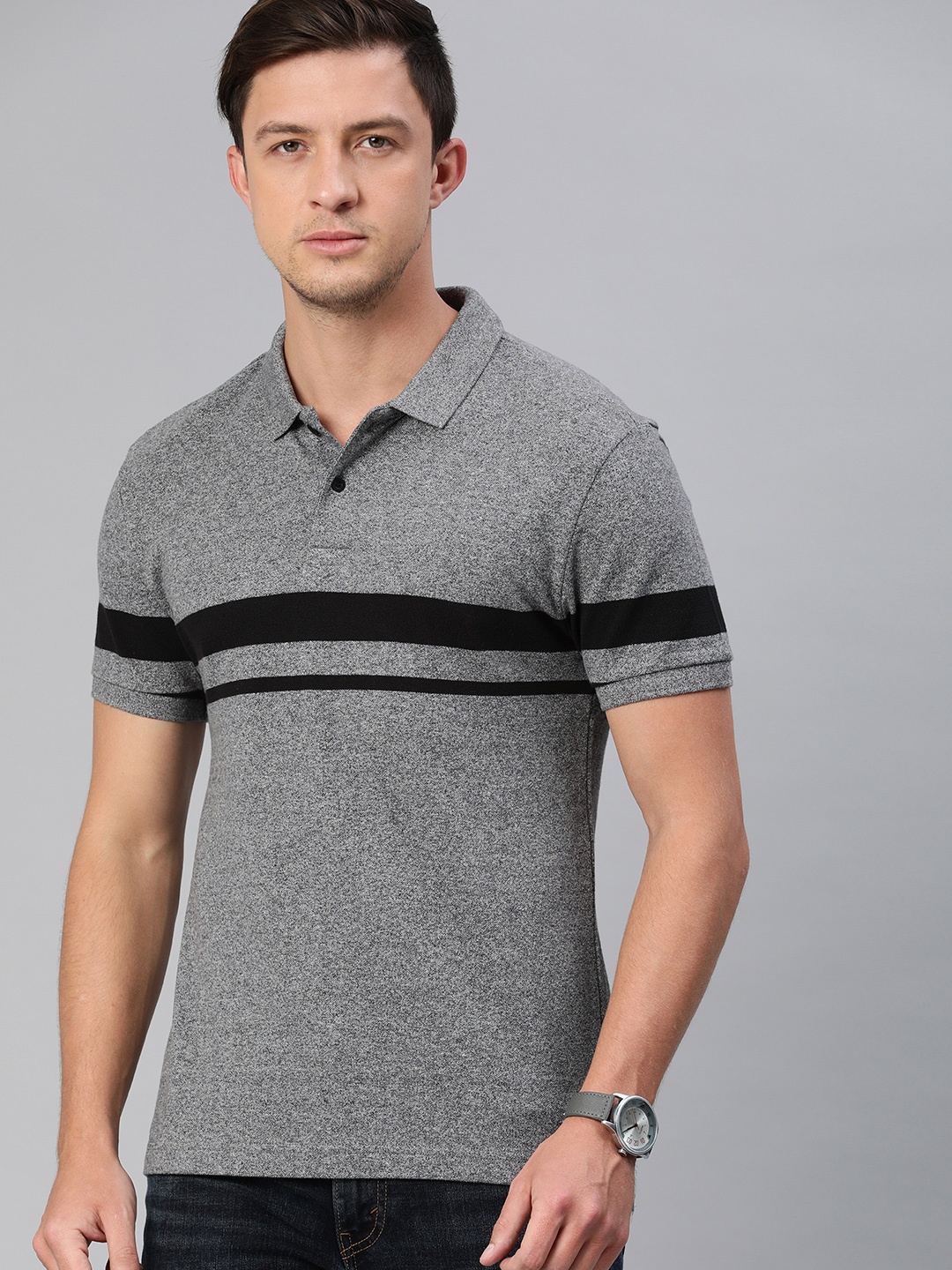 

Levis Men Charcoal Grey Black Slim Fit Striped Polo Collar Pure Cotton T-shirt