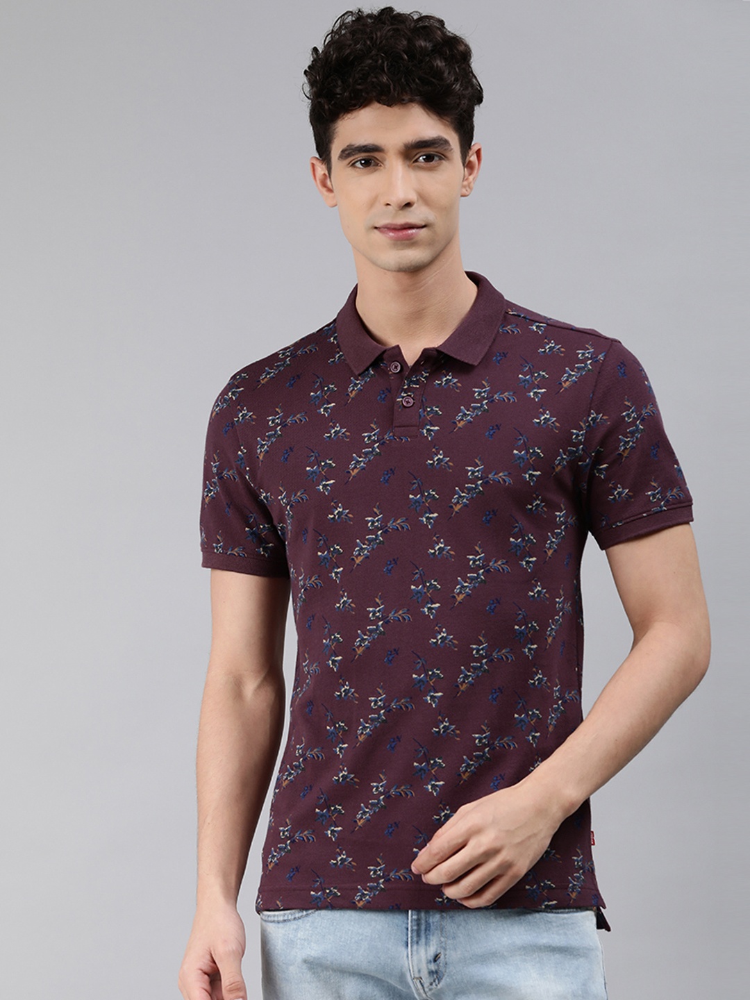 

Levis Men Maroon Blue Floral Printed Polo Collar Slim Fit Pure Cotton T-shirt