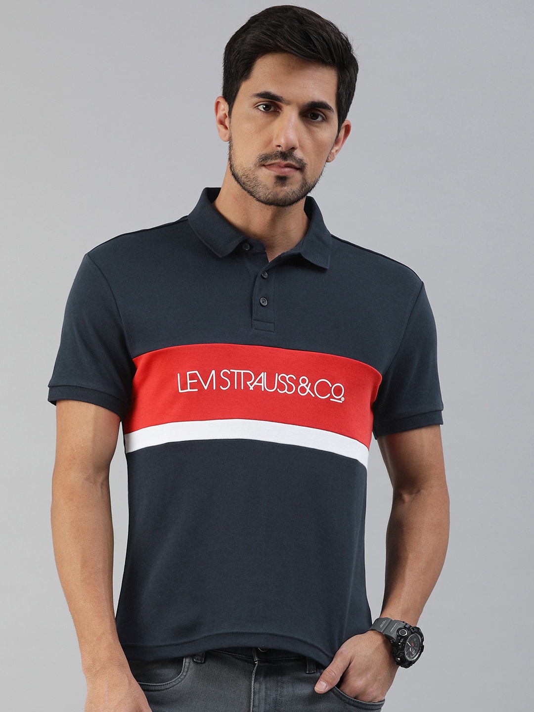 

Levis Men Navy Blue & Red Colourblocked Slim Fit Polo Collar T-shirt