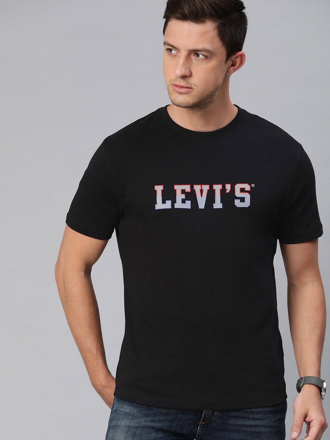 

Levis Men Black Slim Fit Brand Logo Printed Round Neck Pure Cotton T-shirt