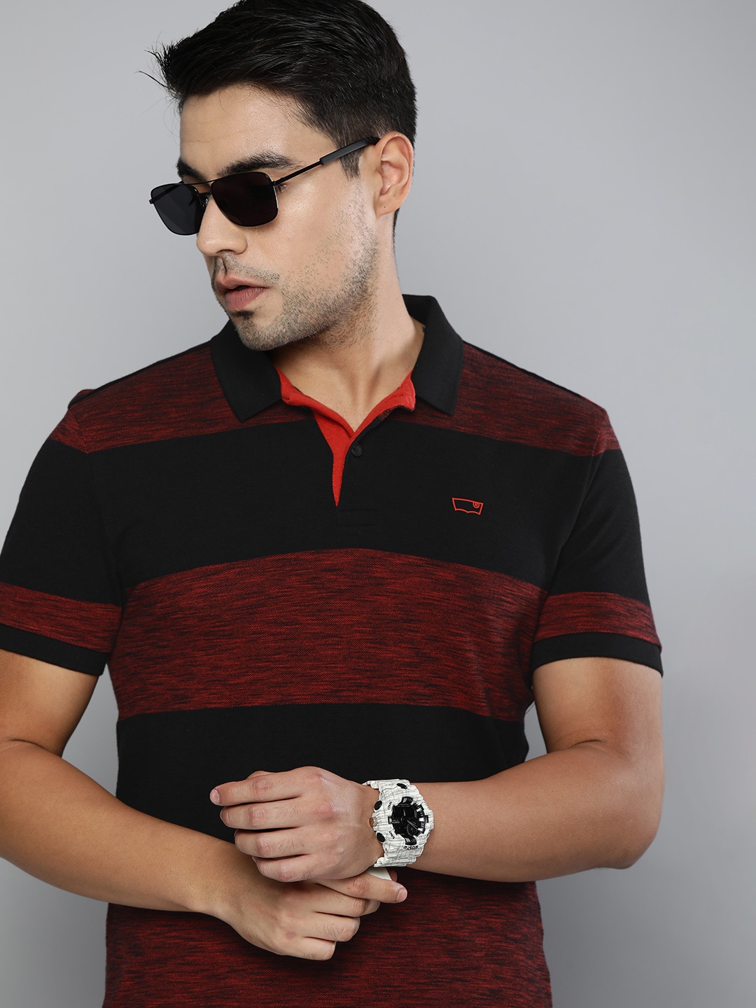

Levis Men Black Maroon Striped Polo Collar Pure Cotton T-shirt