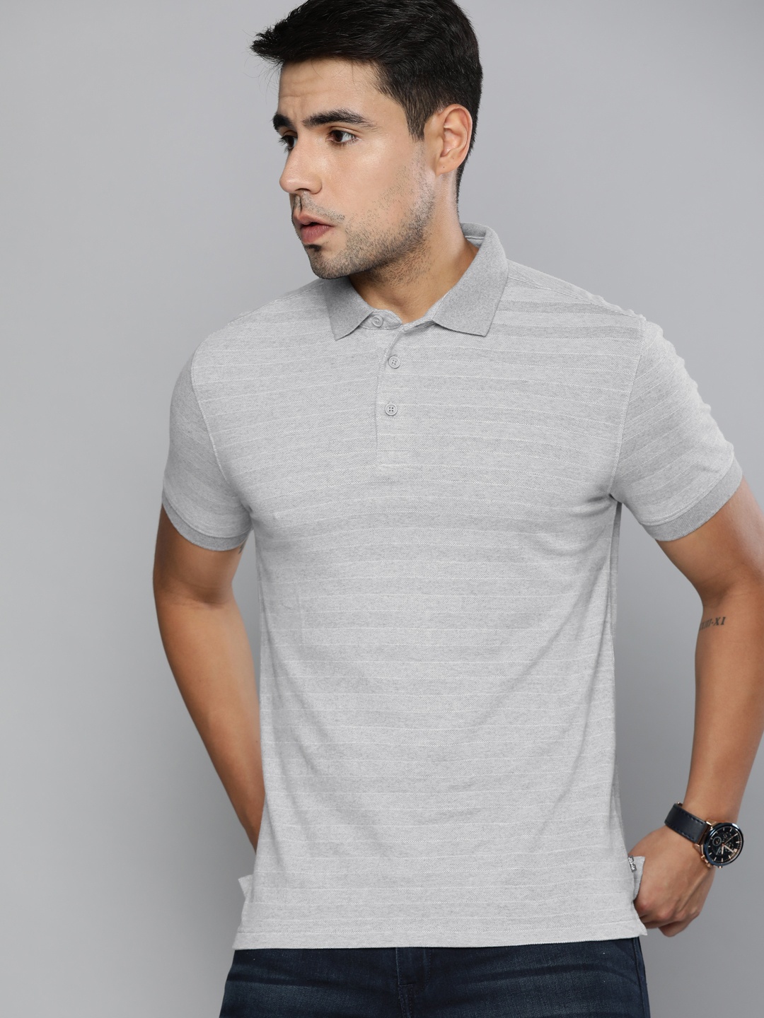 

Levis Men Grey Striped Polo Collar Pure Cotton T-shirt