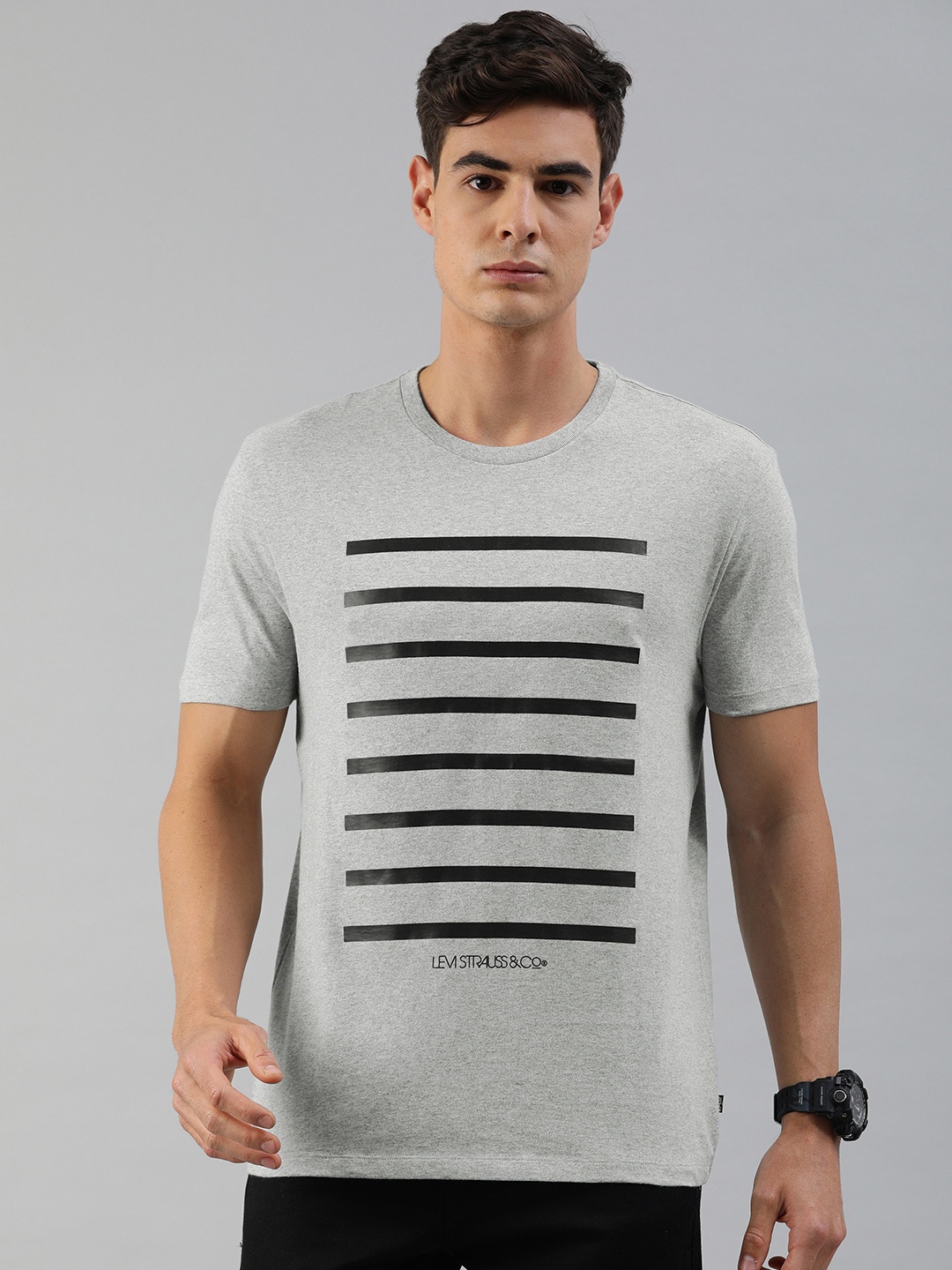 

Levis Men Grey Melange Striped Round Neck Pure Cotton T-shirt
