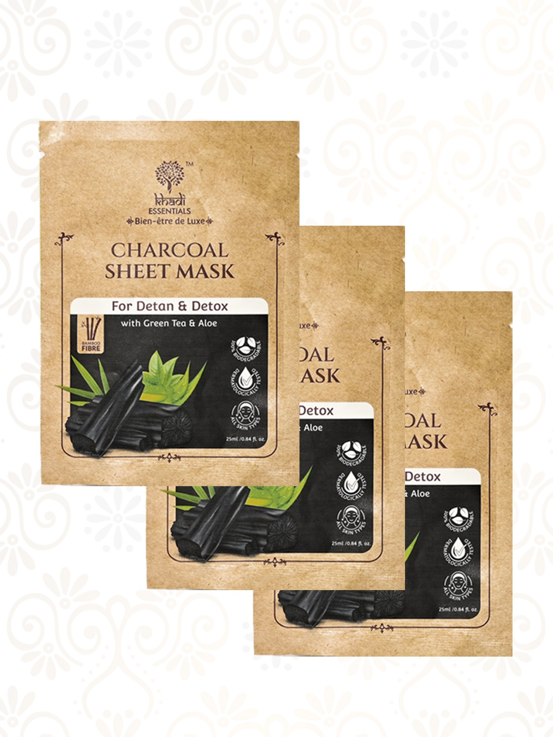 

Khadi Essentials Charcoal Serum Sheet Mask For Detan & Detox with Green Tea Aloe Vera, Black