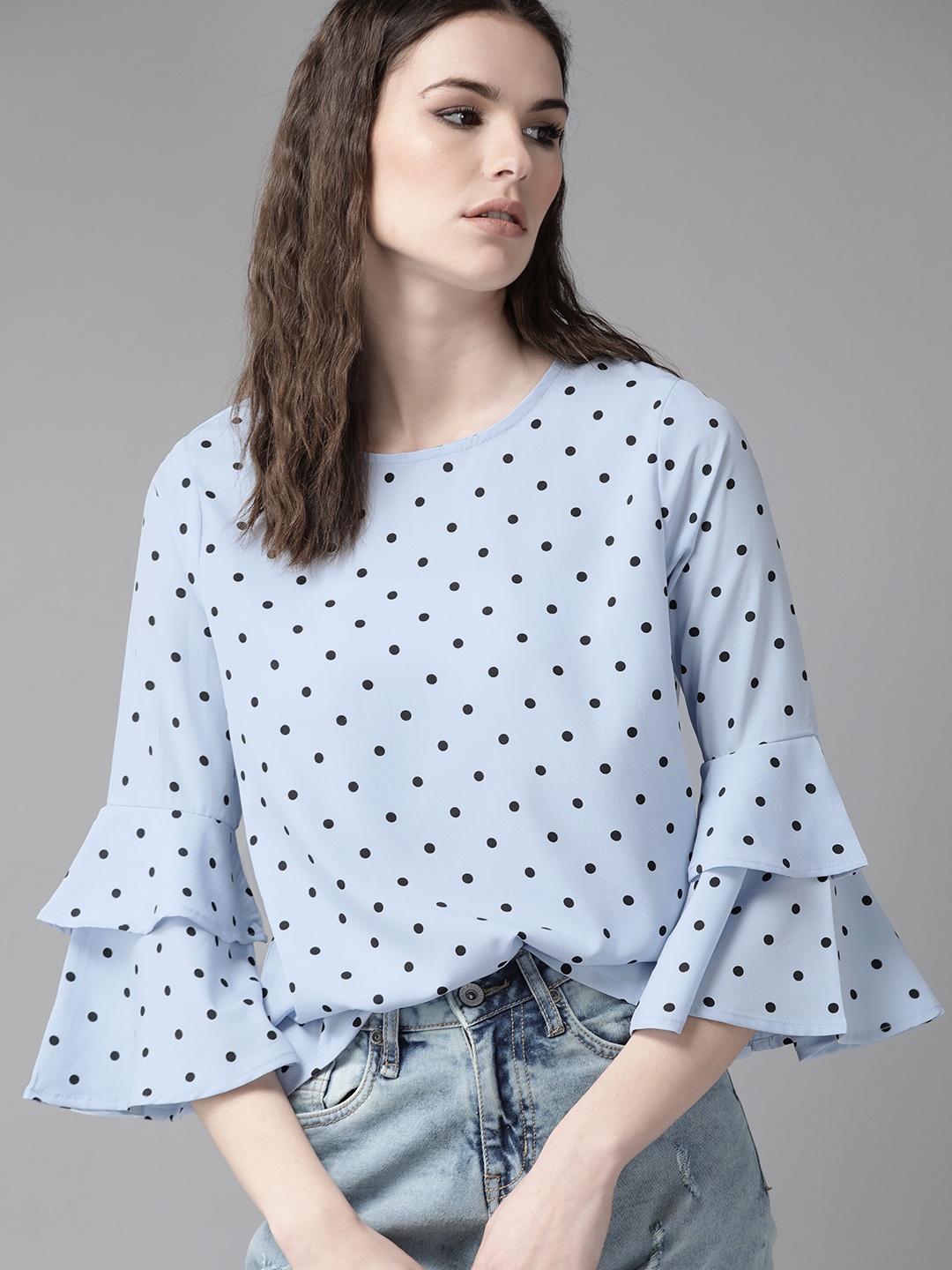 

The Roadster Lifestyle Co Blue Black Polka Dot Print Top