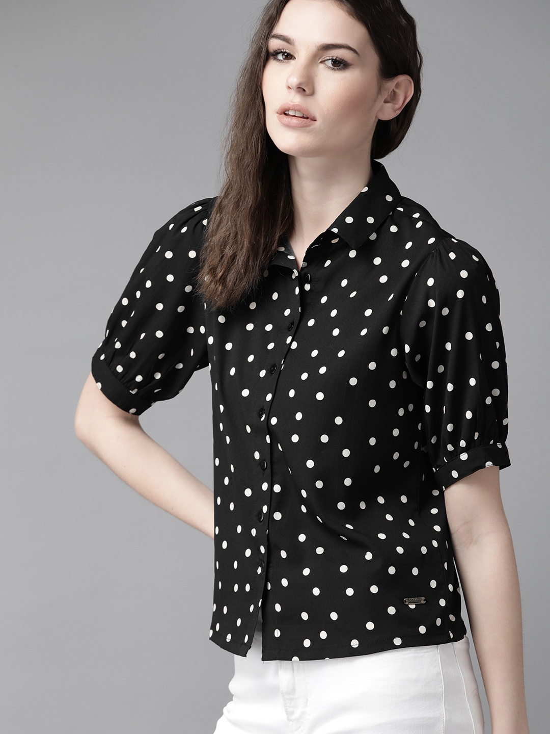 

Roadster Women Black White Regular Fit Polka Dot Print Casual Shirt