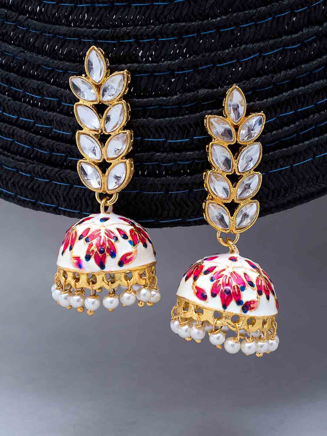 

Golden Peacock Women Gold-Toned & White Dome Shaped Drop Earrings