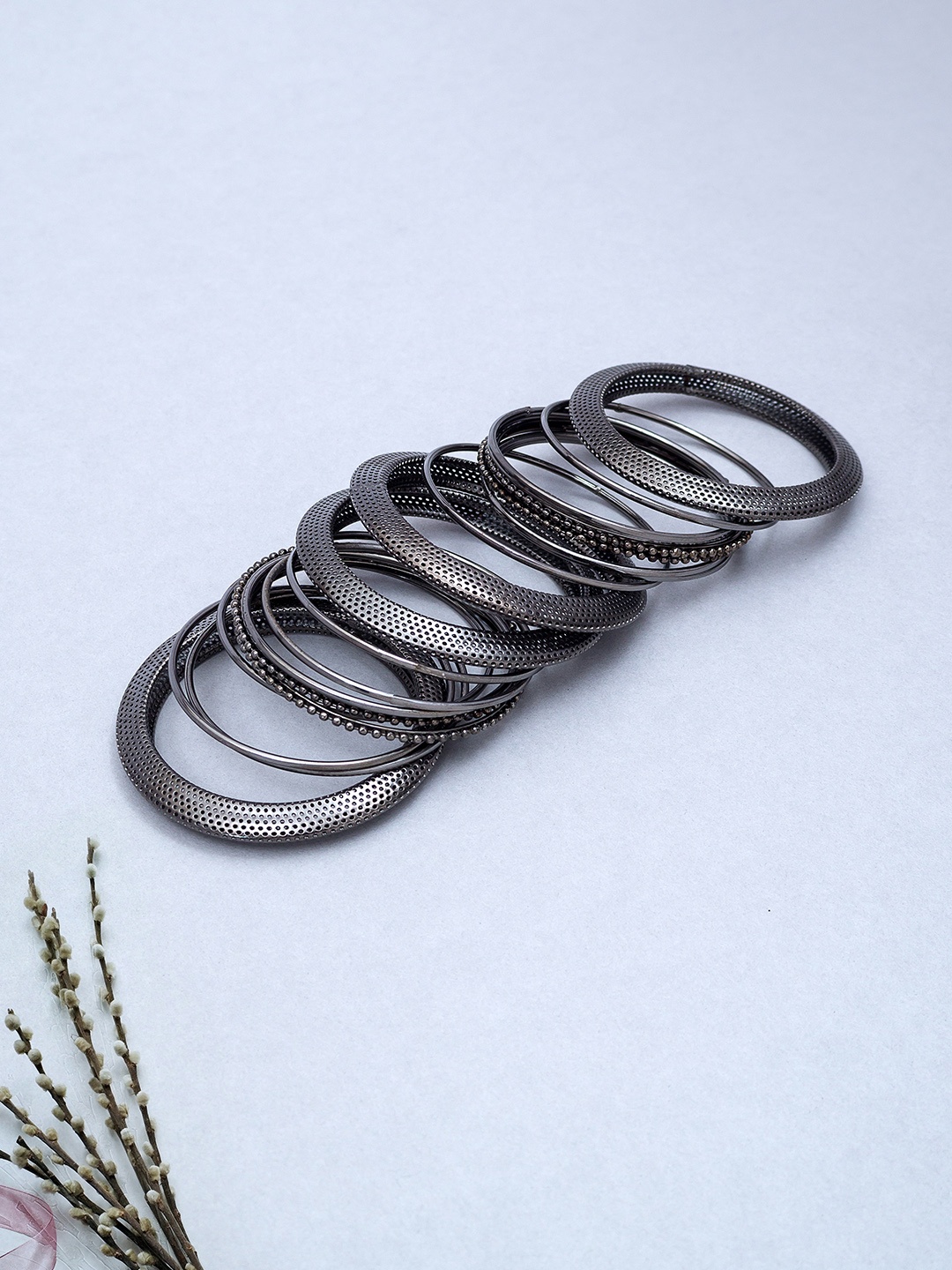 

Golden Peacock Set of 20 Gun Metal-Toned Oxidised Bangles, Metallic
