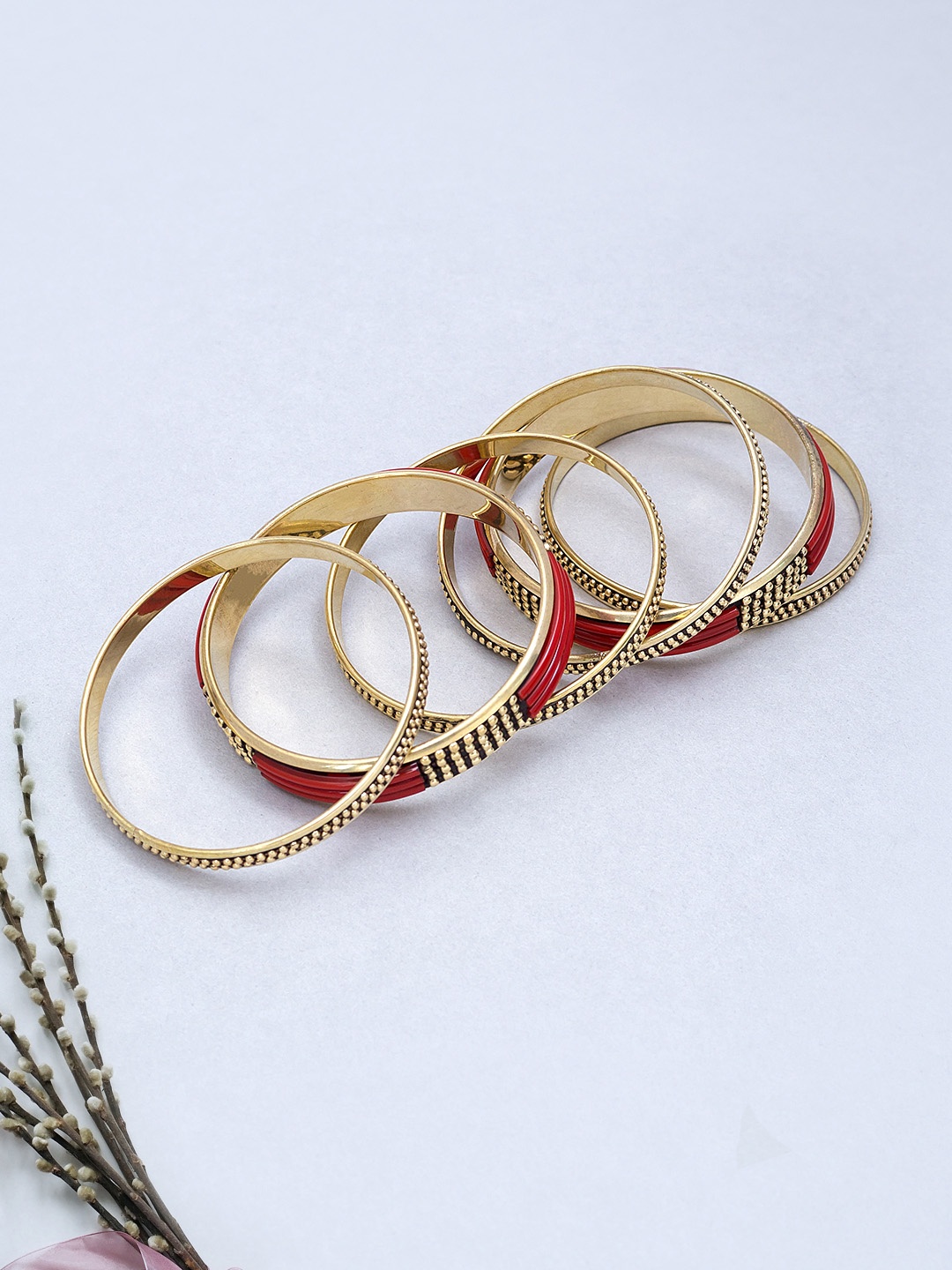 

Golden Peacock Set of 6 Red & Gold-Toned Antique Bangles