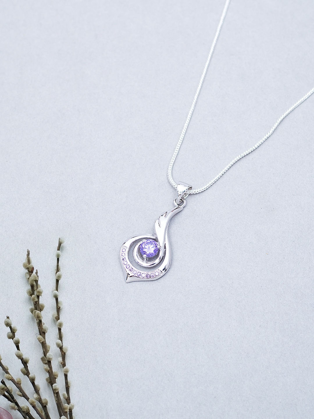 

Golden Peacock Silver-Toned & Purple CZ-Studded Contemporary Pendant with Chain
