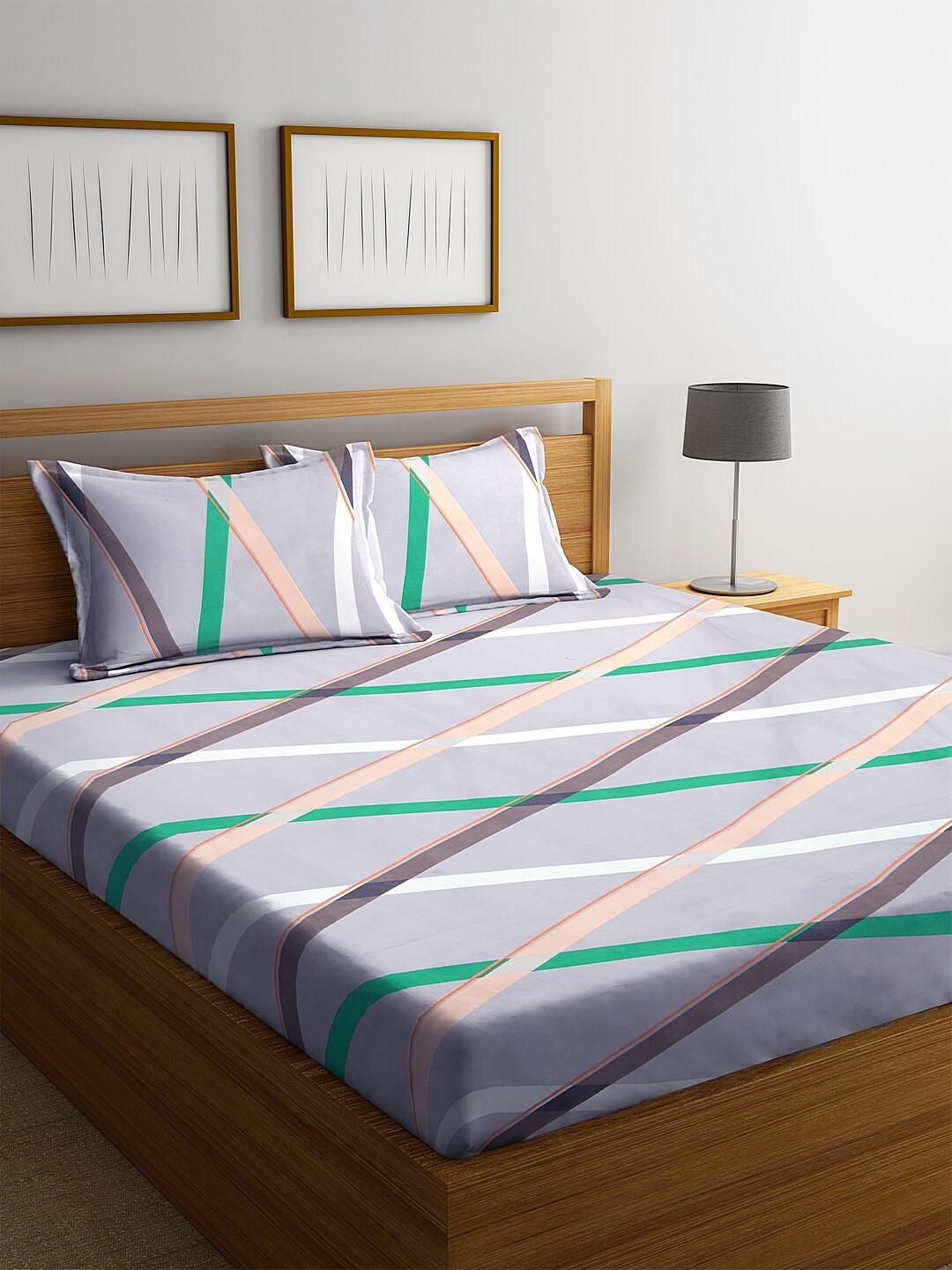 

KLOTTHE Grey & White Striped 210 TC Cotton 1 Double King Bedsheet With 2 Pillow Covers