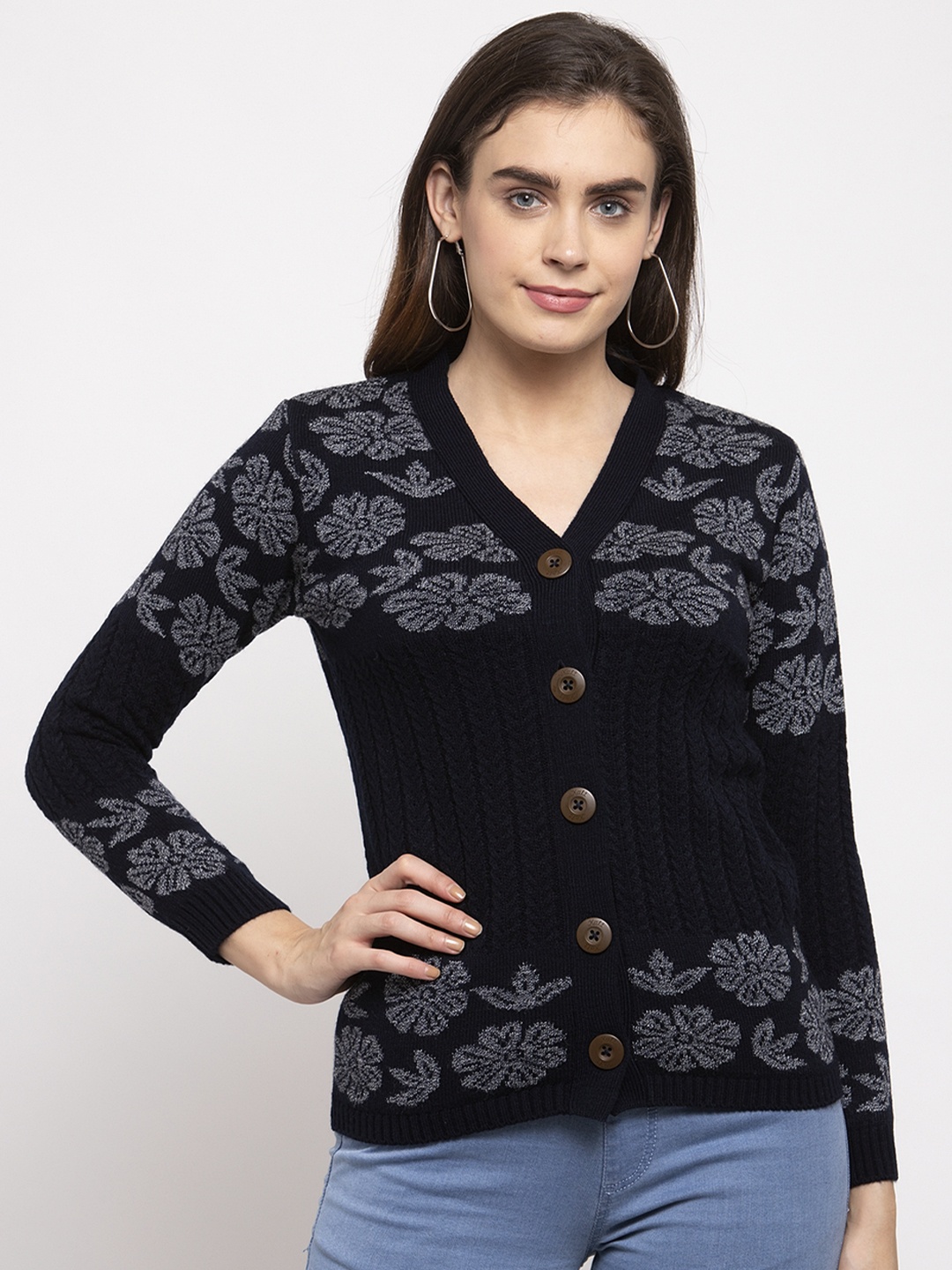 

Kalt Women Navy Blue Printed Cardigan Sweater