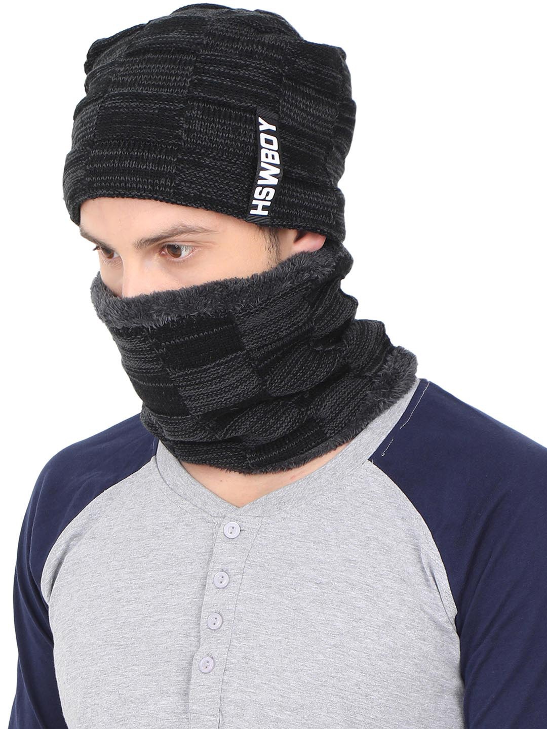 

FabSeasons Unisex Black & Grey Self-Design Beanie Cap With Neck Warmer