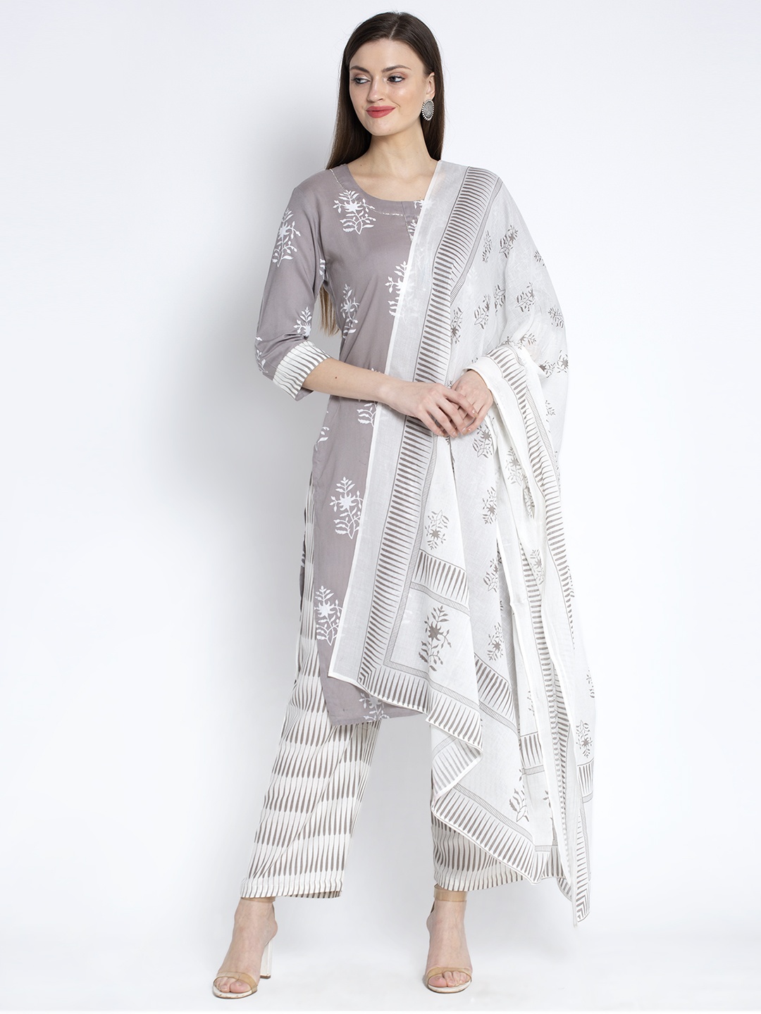 

ANAISA Women Grey Printed Kurta with Trousers & Dupatta